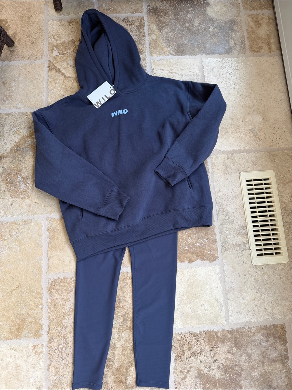 Wilo The Label Wellness Club Navy 2 Piece Hoodie/Ribbed Legging Small NWT